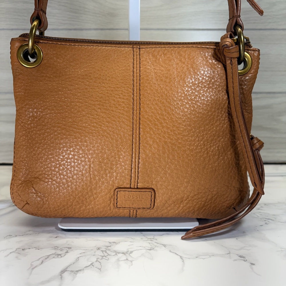 Fossil Cognac Pebbled Leather Crossbody Bag